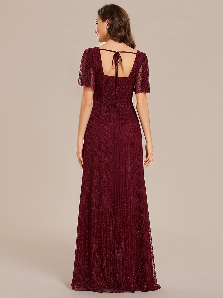 Glittery A-Line High Slit Elastic Waist Short Sleeves Back Lace-Up Bridesmaid Dress #color_Burgundy