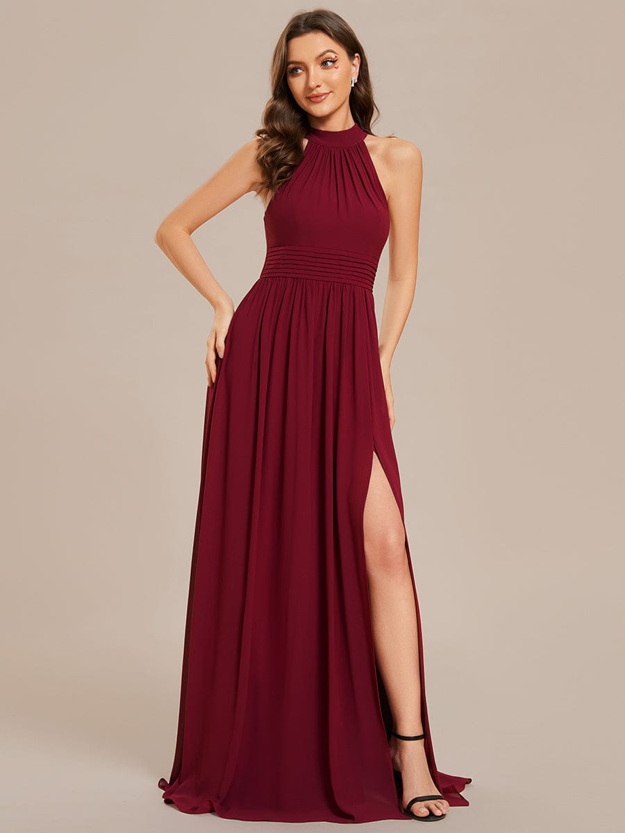 Chiffon Halter Straps Sleeveless Pleated A-Line High Slit Maxi Bridesmaid Dress #color_Burgundy