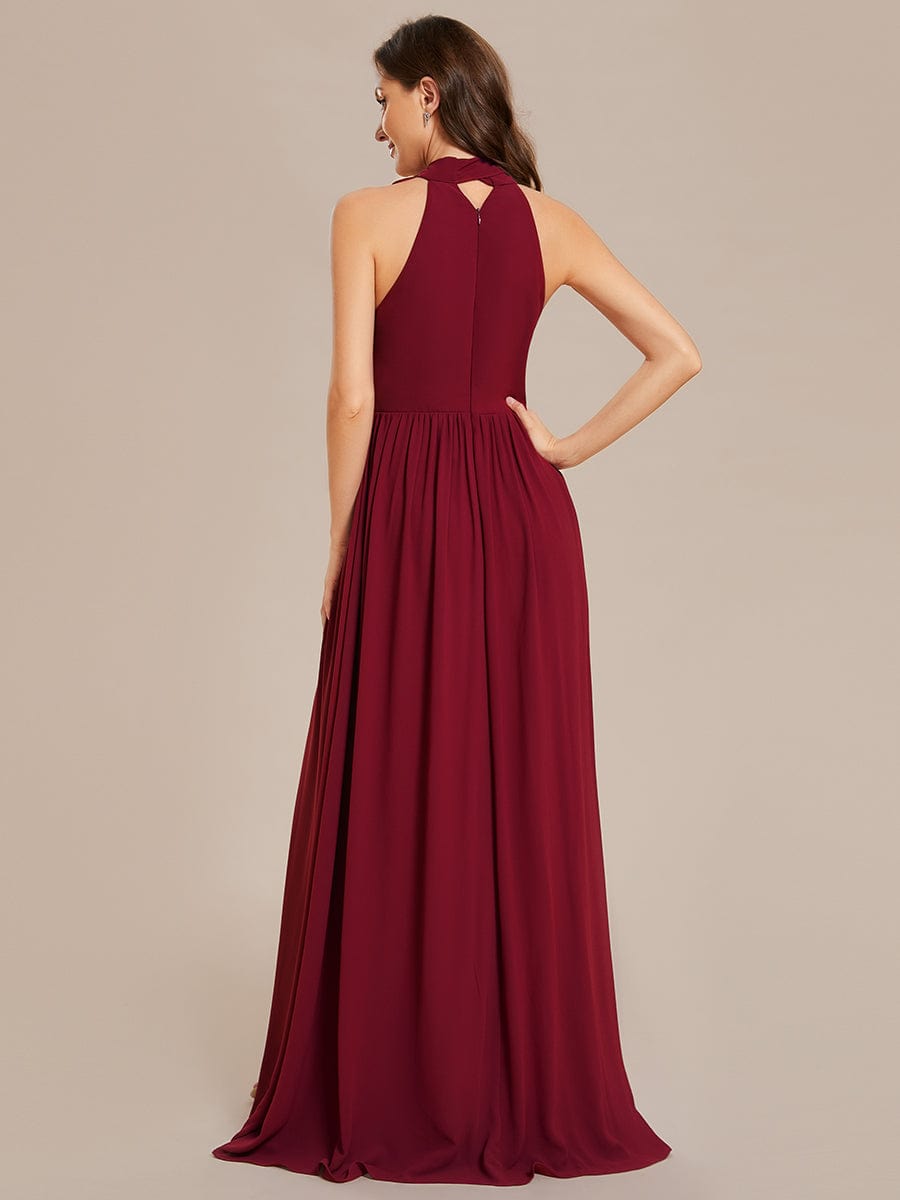 Chiffon Halter Straps Sleeveless Pleated A-Line High Slit Maxi Bridesmaid Dress #color_Burgundy