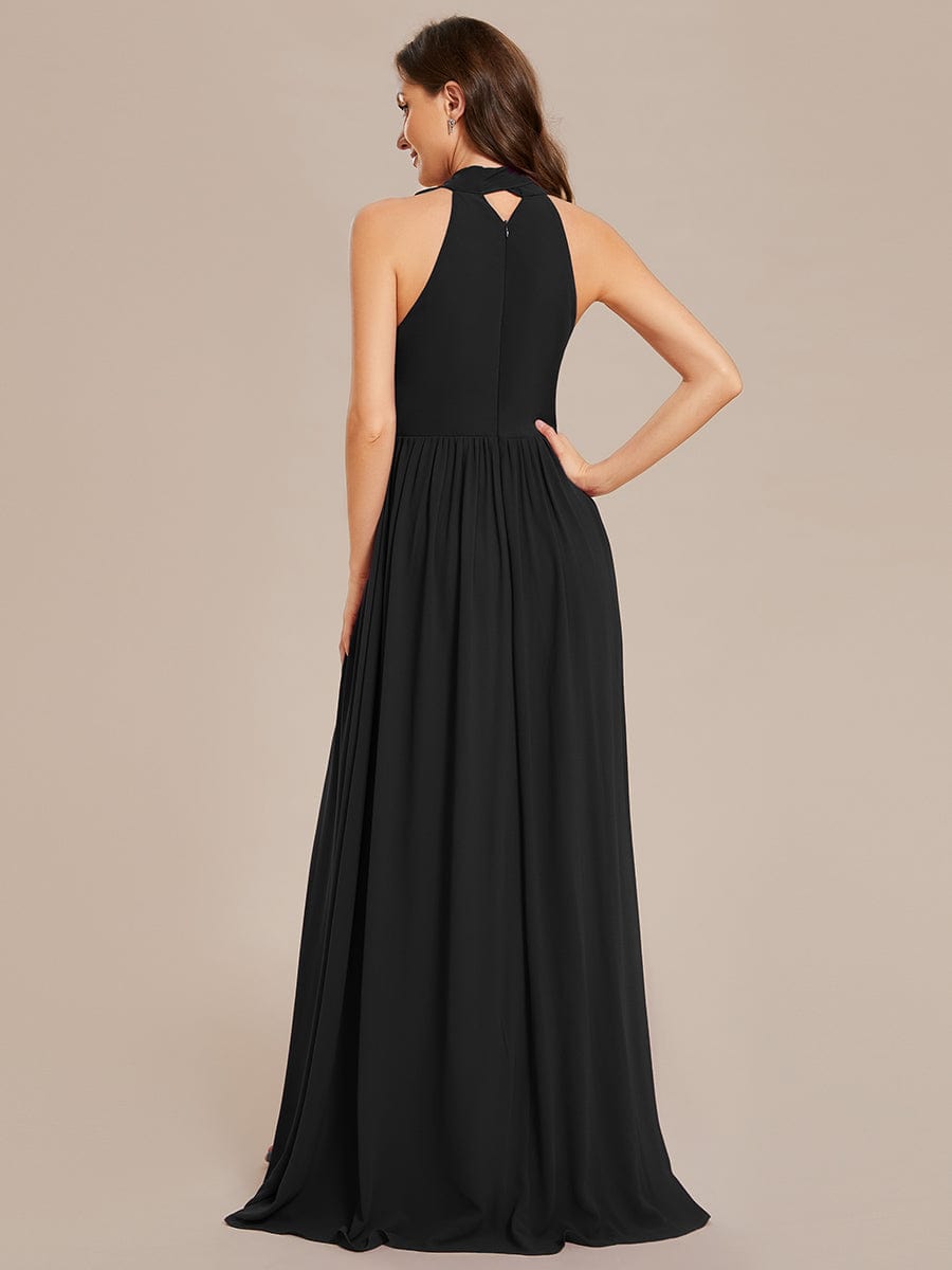 Chiffon Halter Straps Sleeveless Pleated A-Line High Slit Maxi Bridesmaid Dress #color_Black