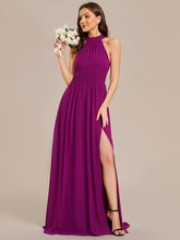 Chiffon Halter Straps Sleeveless Pleated A-Line High Slit Maxi Bridesmaid Dress #color_Fuchsia