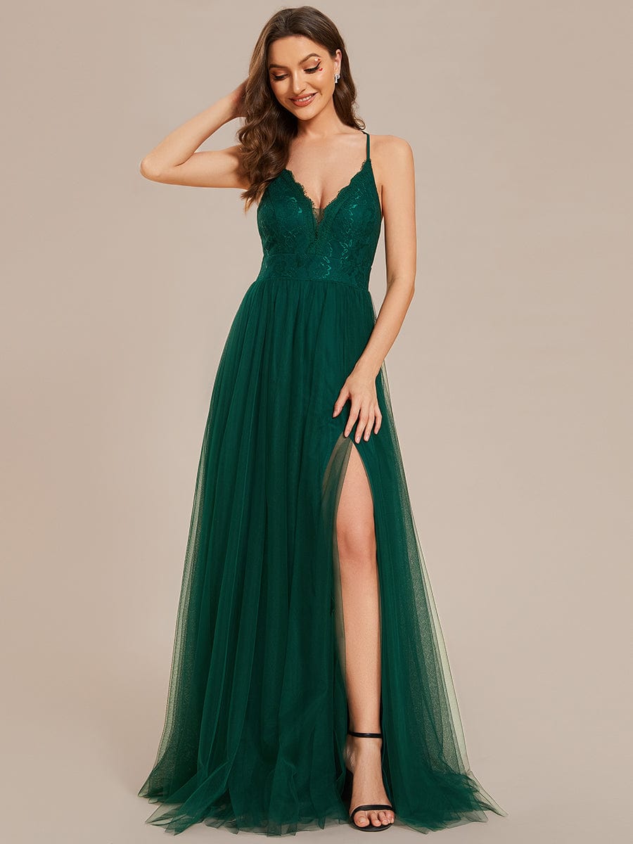Spaghetti Straps Cross-Back Lace Top A-Line High Slit Tulle Bridesmaid Dress #color_Dark Green