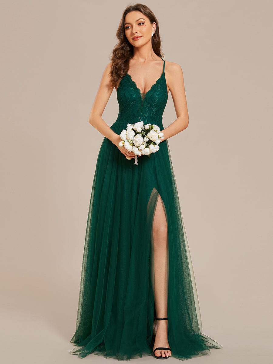 Spaghetti Straps Cross-Back Lace Top A-Line High Slit Tulle Bridesmaid Dress
