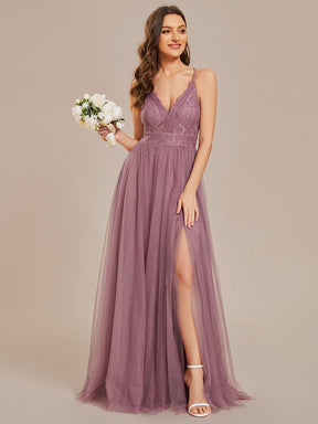 Spaghetti Straps Cross-Back Lace Top A-Line High Slit Tulle Bridesmaid Dress