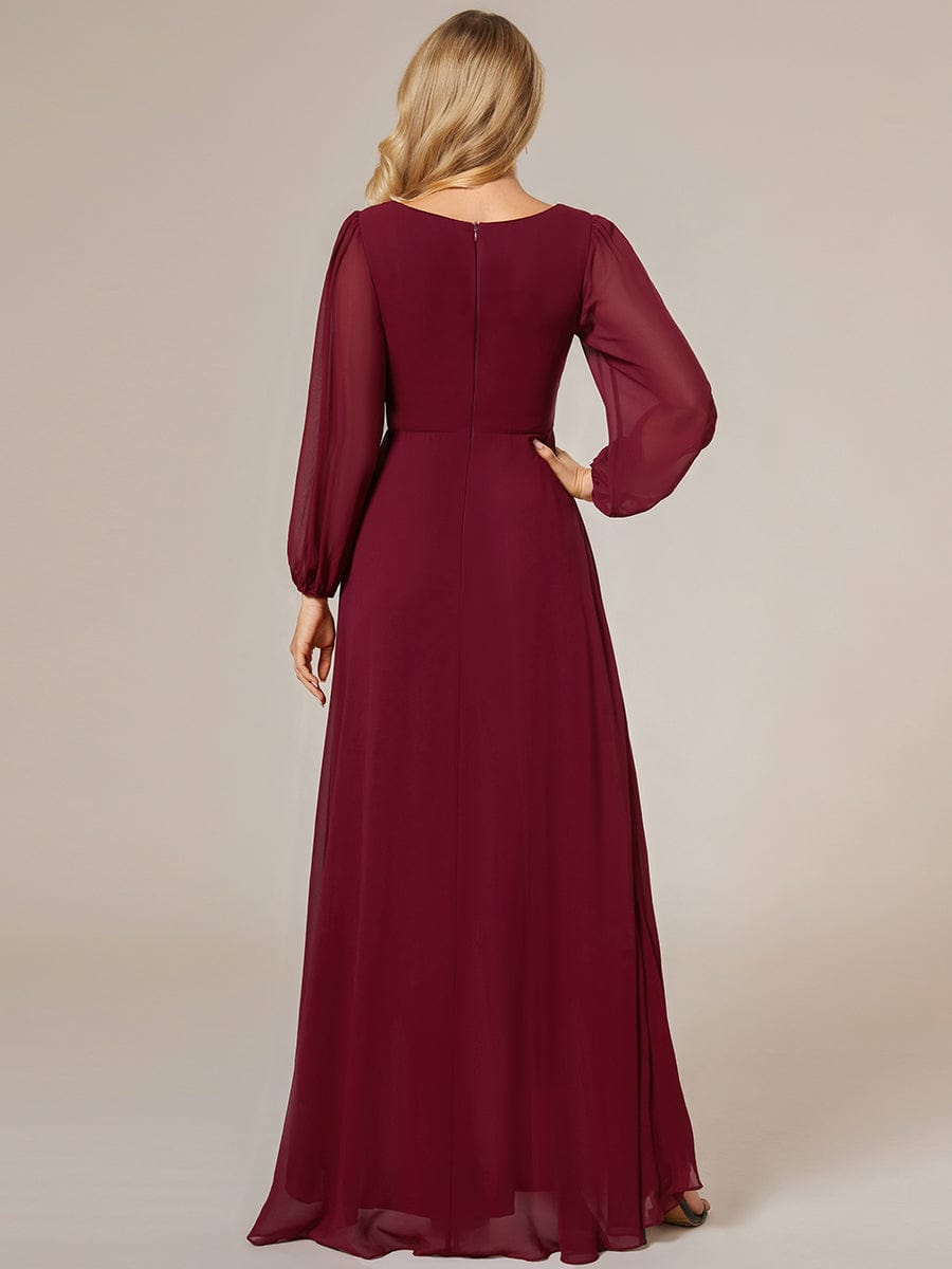 A-Line Pleated See-Through Long Lantern Midi Chiffon Bridesmaid Dress #color_Burgundy