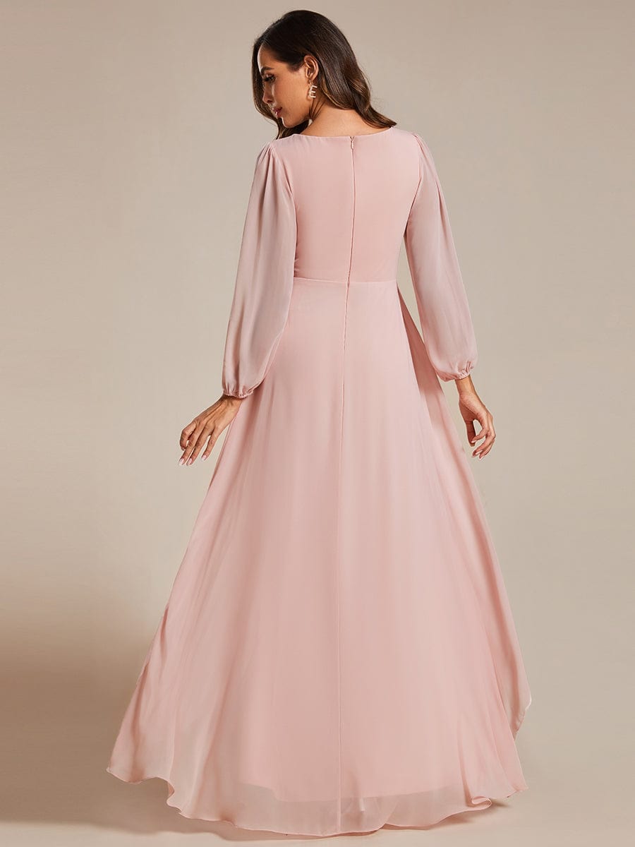 A-Line Pleated See-Through Long Lantern Midi Chiffon Bridesmaid Dress #color_Pink