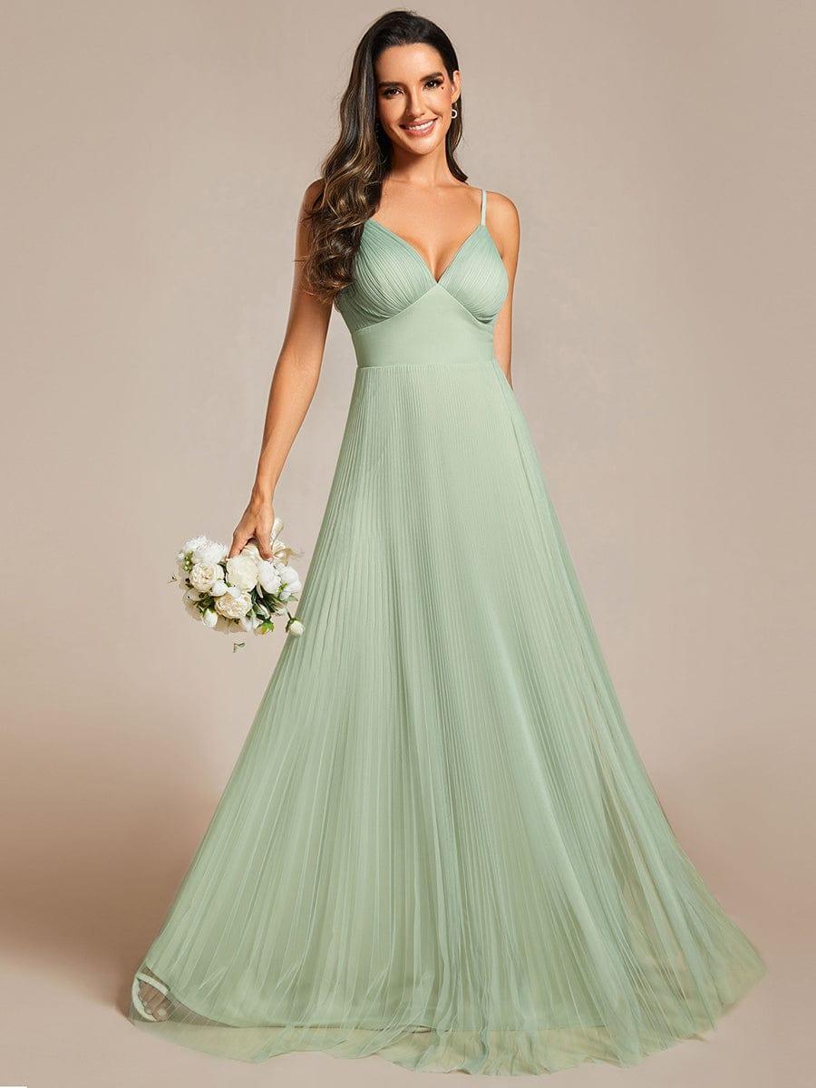 Empire Waist Spaghetti Sratp V-Neck Backless Tulle Bridesmaid Dress #color_Mint Green