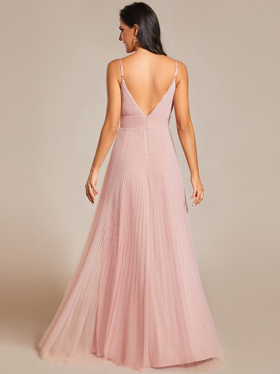 Empire Waist Spaghetti Sratp V-Neck Backless Tulle Bridesmaid Dress #color_Pink