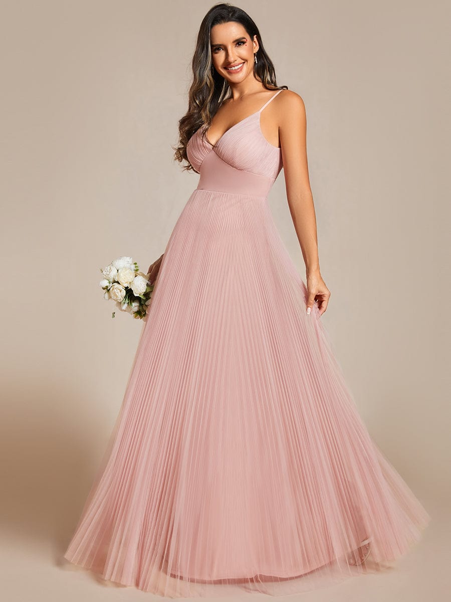 Empire Waist Spaghetti Sratp V-Neck Backless Tulle Bridesmaid Dress #color_Pink