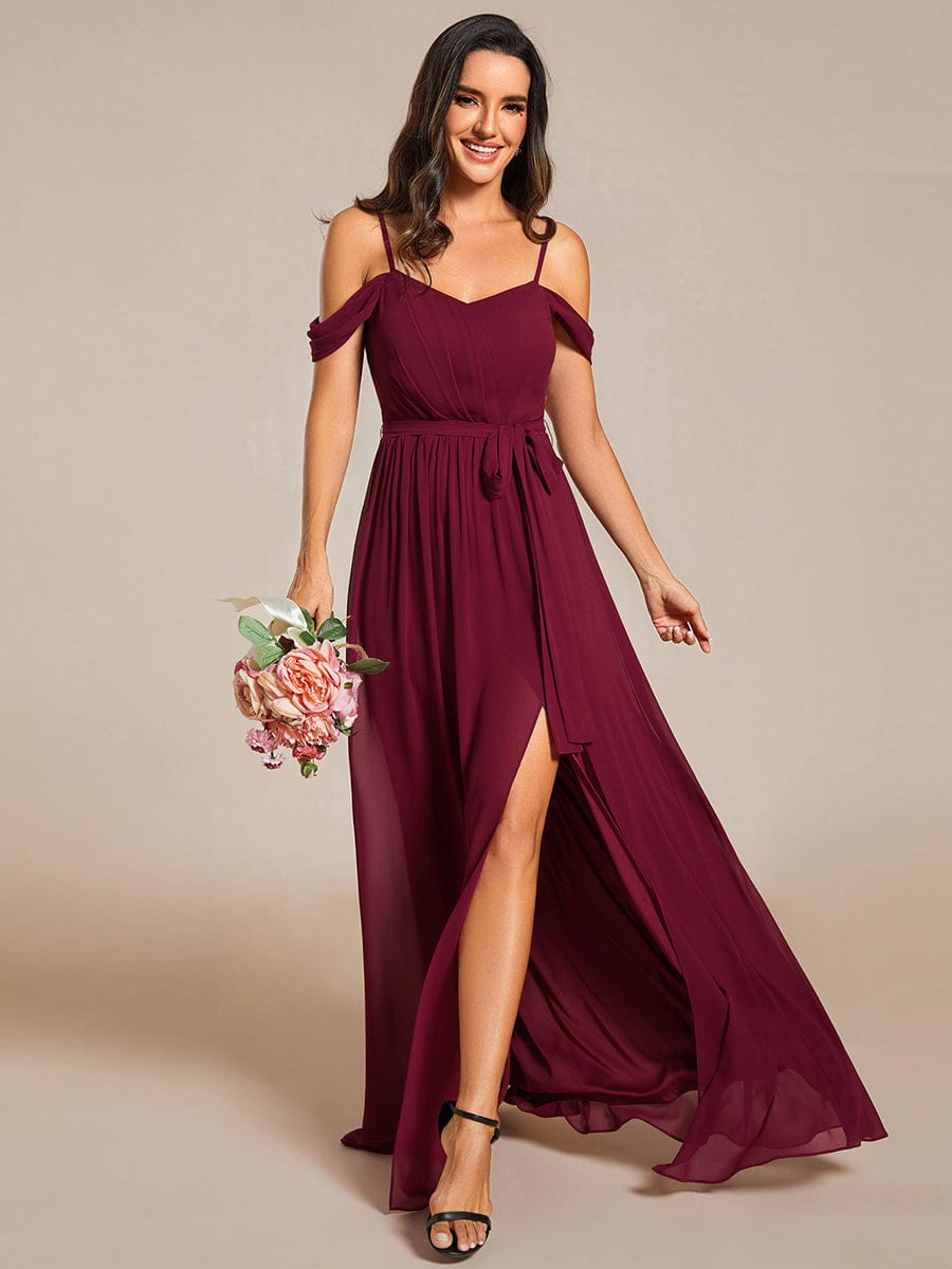Sweetheart Neckline Cold Shoulder Chiffon Bridesmaid Dress #color_Burgundy