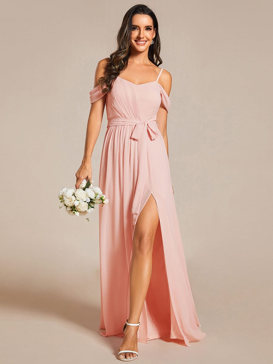 Sweetheart Neckline Cold Shoulder Chiffon Bridesmaid Dress #color_Pink
