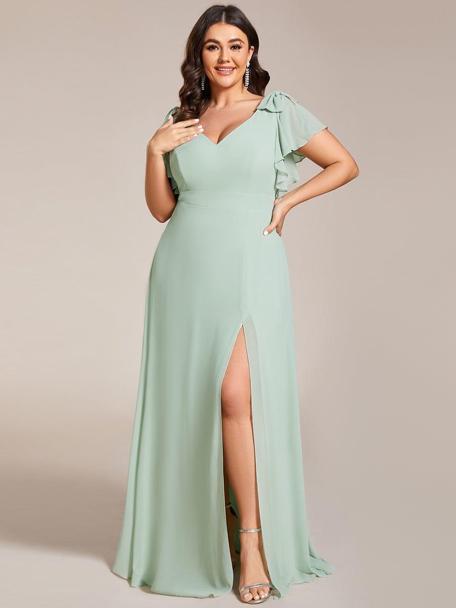 Plus Size Split Ruffles Sleeves with Bowknot Double V-neck Chiffon Bridesmaid Dress #color_Mint Green