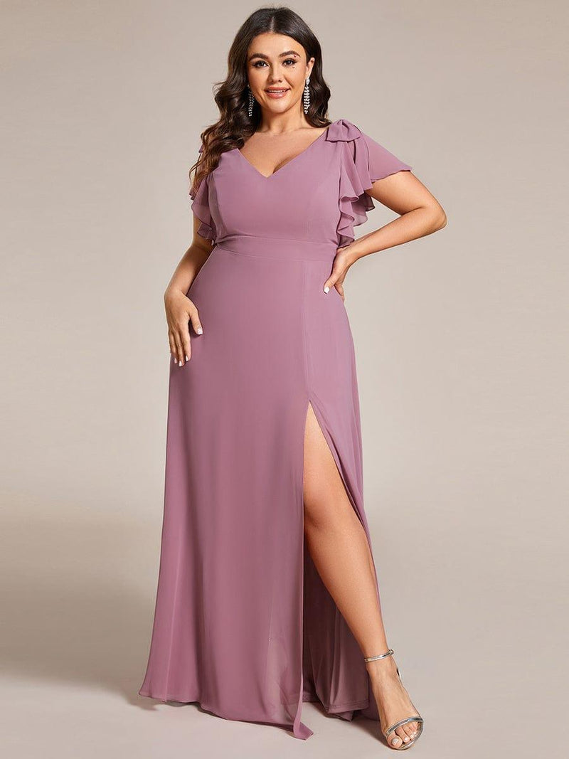 V-neck Chiffon Bridesmaid Dress with Ruffles Candy Pink Plus Size
