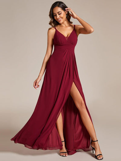 Deep V-Neck High Front Slit Spaghetti Strap Back X-Cross Bridesmaid Dress #color_Burgundy