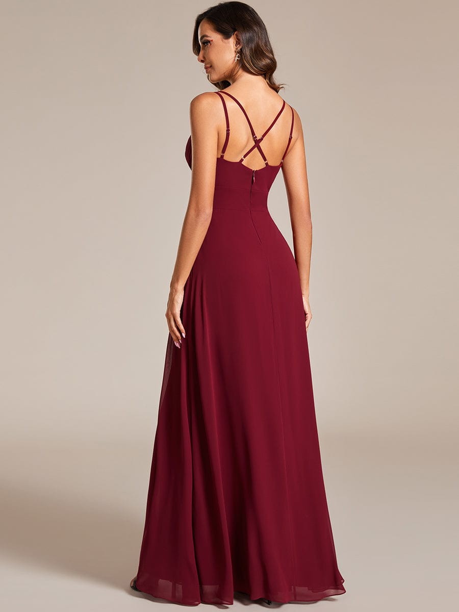 Deep V-Neck High Front Slit Spaghetti Strap Back X-Cross Bridesmaid Dress #color_Burgundy