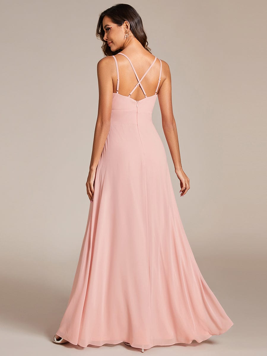 Deep V-Neck High Front Slit Spaghetti Strap Back X-Cross Bridesmaid Dress #color_Pink