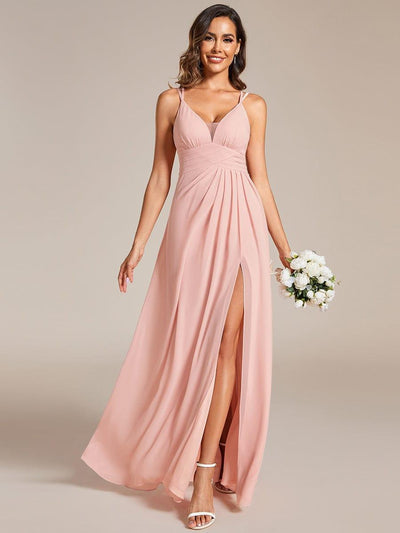 Deep V-Neck High Front Slit Spaghetti Strap Back X-Cross Bridesmaid Dress #color_Pink