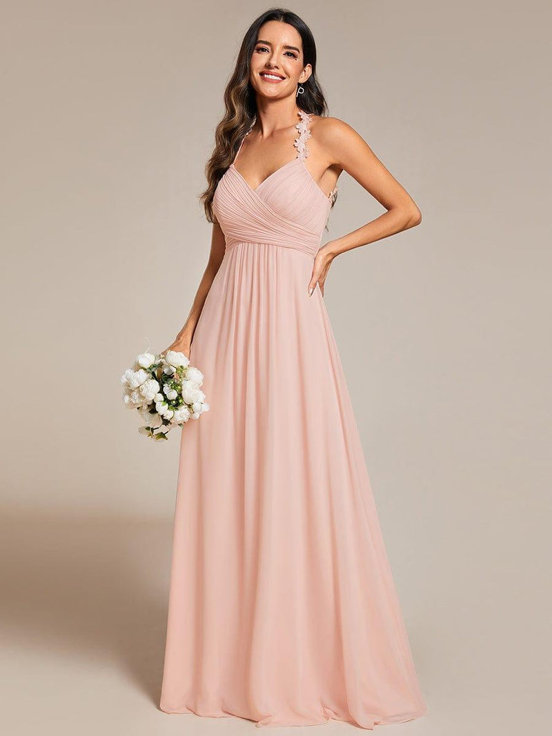 Floral Halter Neck Chiffon Backless Bridesmaid Dress with Pleated