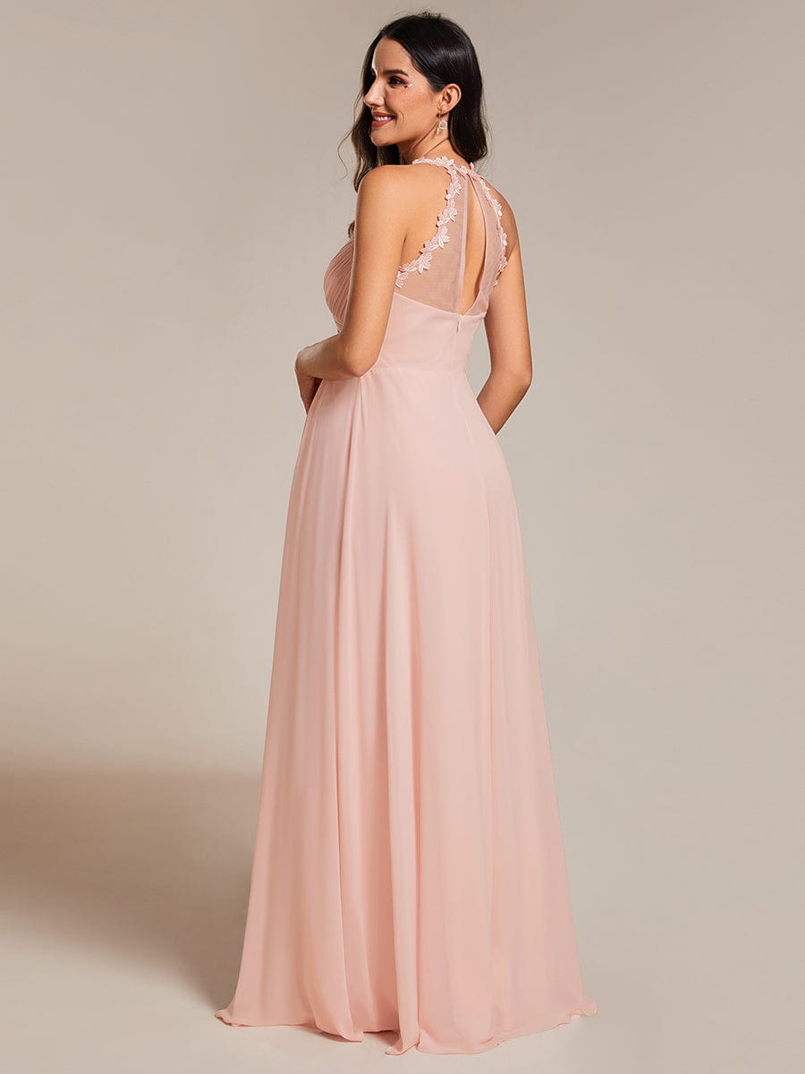 Floral Halter Neck Pleated Backless Bridesmaid Dress in Chiffon #color_Pink