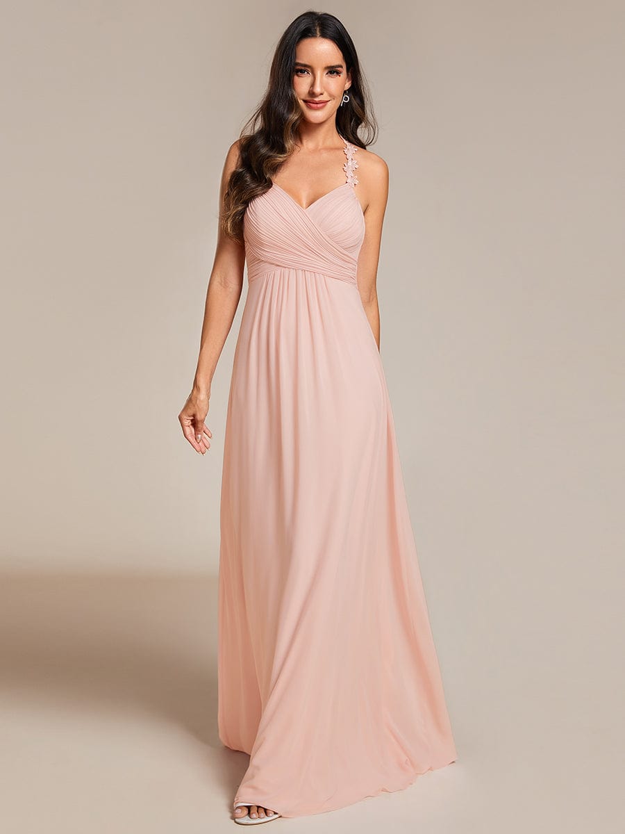 Floral Halter Neck Pleated Backless Bridesmaid Dress in Chiffon