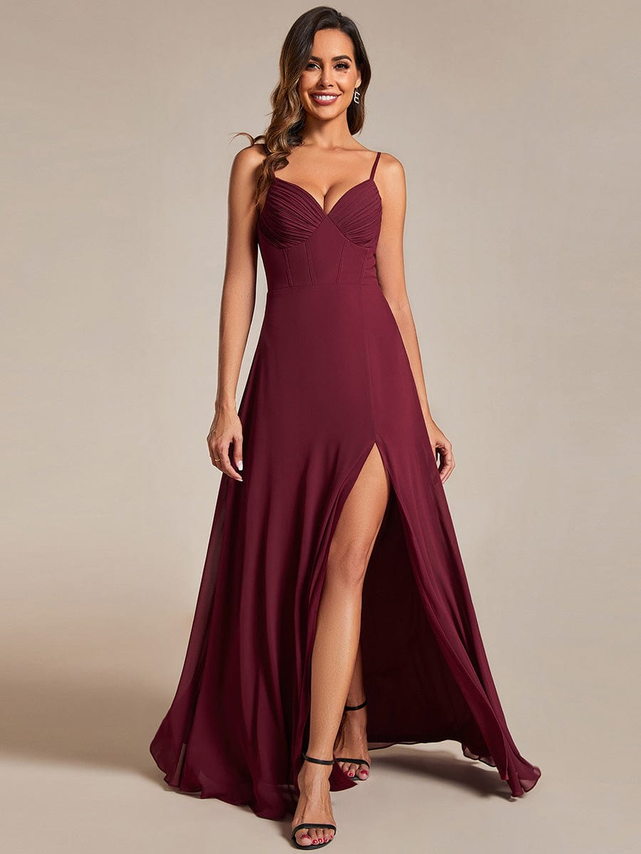 Spaghetti Strap V-Neck Chiffon Bridesmaid Dress with High Slit #color_Burgundy