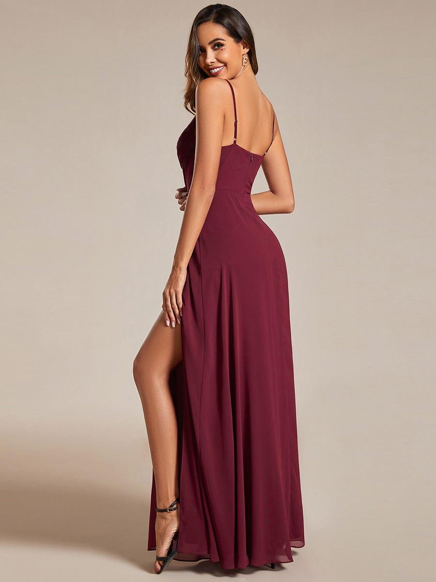 Spaghetti Strap V-Neck Chiffon Bridesmaid Dress with High Slit #color_Burgundy