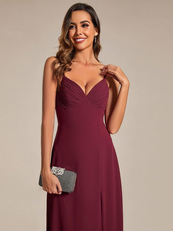 V-neck Spaghetti Straps Sexy Chiffon Gowns with High Slit Burgundy