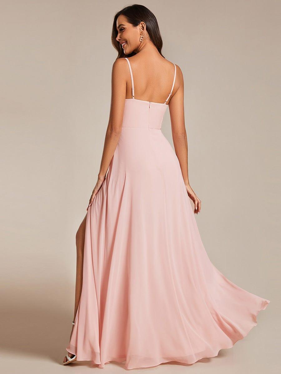 Spaghetti Strap V-Neck Chiffon Bridesmaid Dress with High Slit #color_Pink