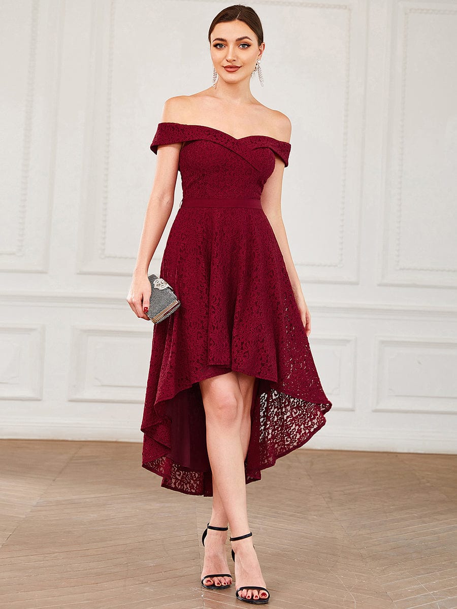 Off Shoulder Sweetheart High-Low Bridesmaid Dress #color_Burgundy