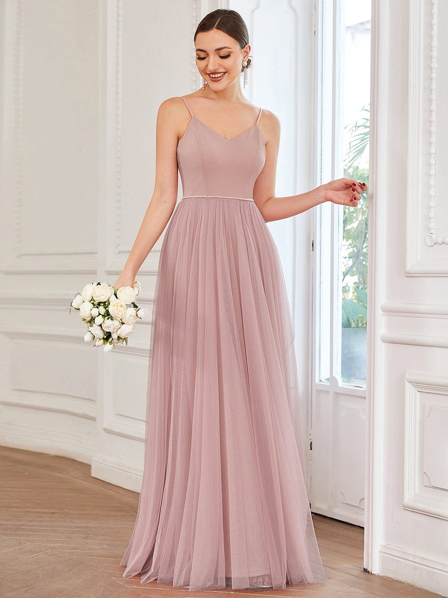 Sweetheart Spaghetti Strap A-Line Tulle Bridesmaid Dress #color_Dusty Rose