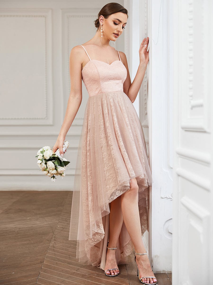 Lace Spaghetti Strap Tulle A-Line High Low Bridesmaid Dress