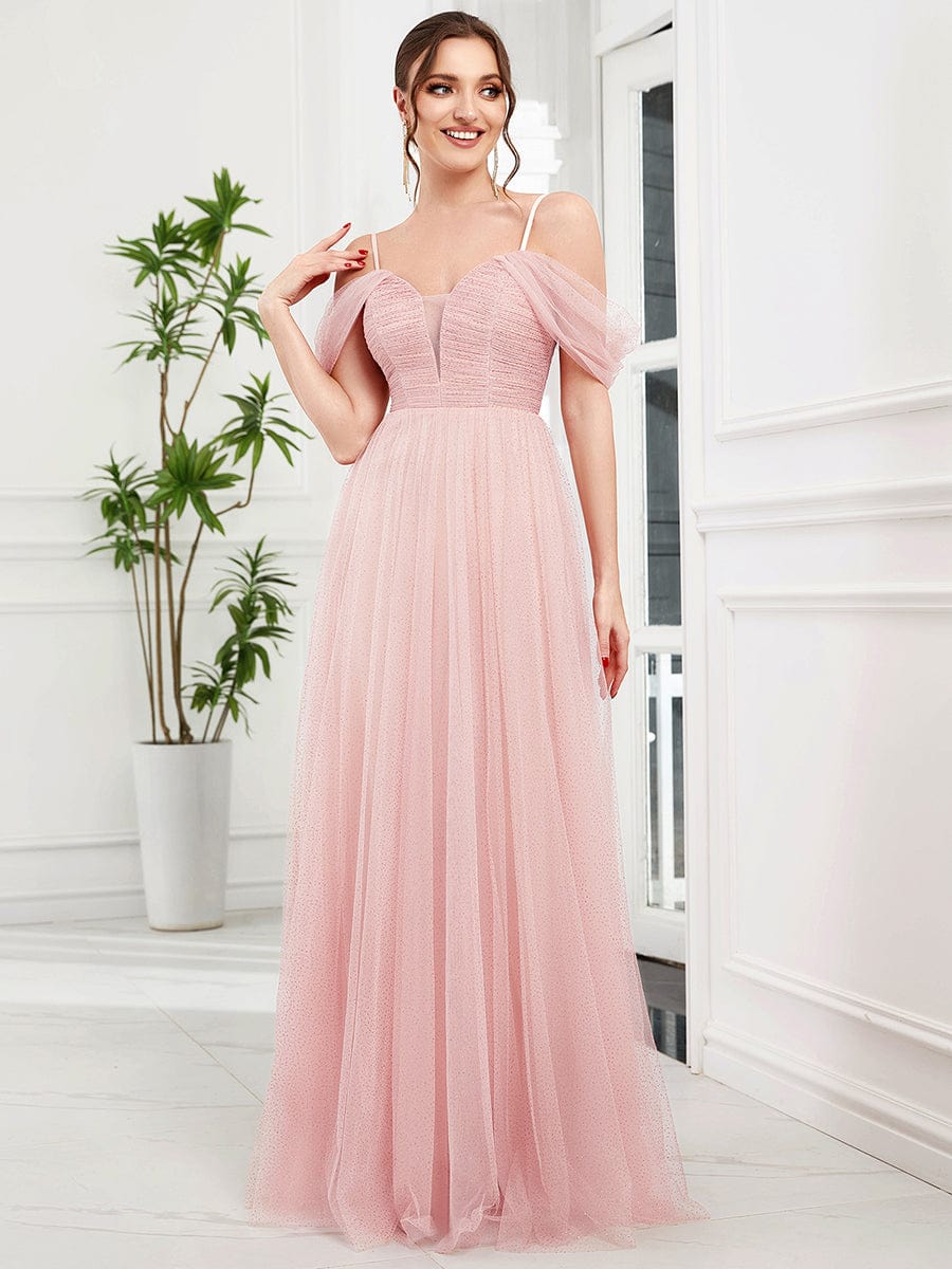 Cold Shoulder Spaghetti Strap Pleated Sequin Tulle Bridesmaid Dress #color_Pink