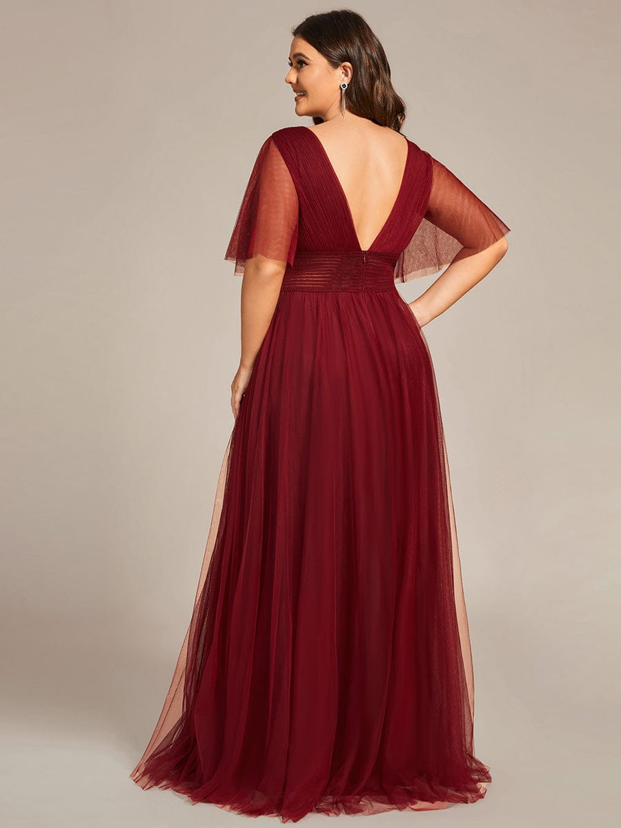 Custom Size Long A-Line Pleated Flutter Sleeve Tulle Maxi Bridesmaid Dress #color_Burgundy