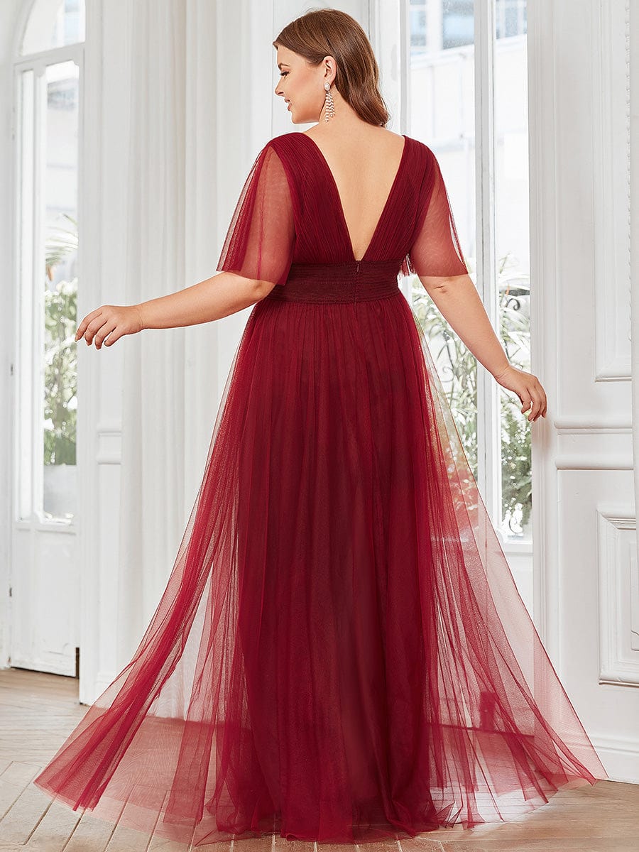 Plus Size Pleated A-Line Short Sleeve Wide Waist Tulle Bridesmaid Dress #color_Burgundy