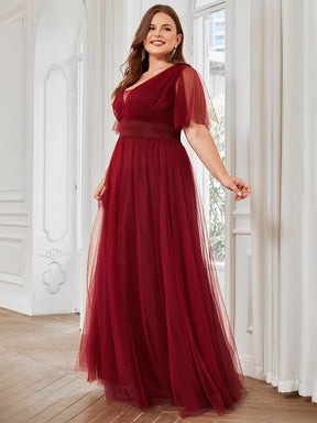 Custom Size A-Line Pleated Flutter Sleeve Tulle Maxi Bridesmaid Dress