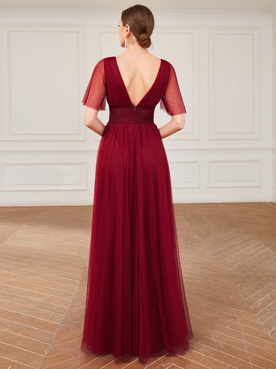 Pleated A-Line Short Sleeve Wide Waist Tulle Bridesmaid Dress #color_Burgundy