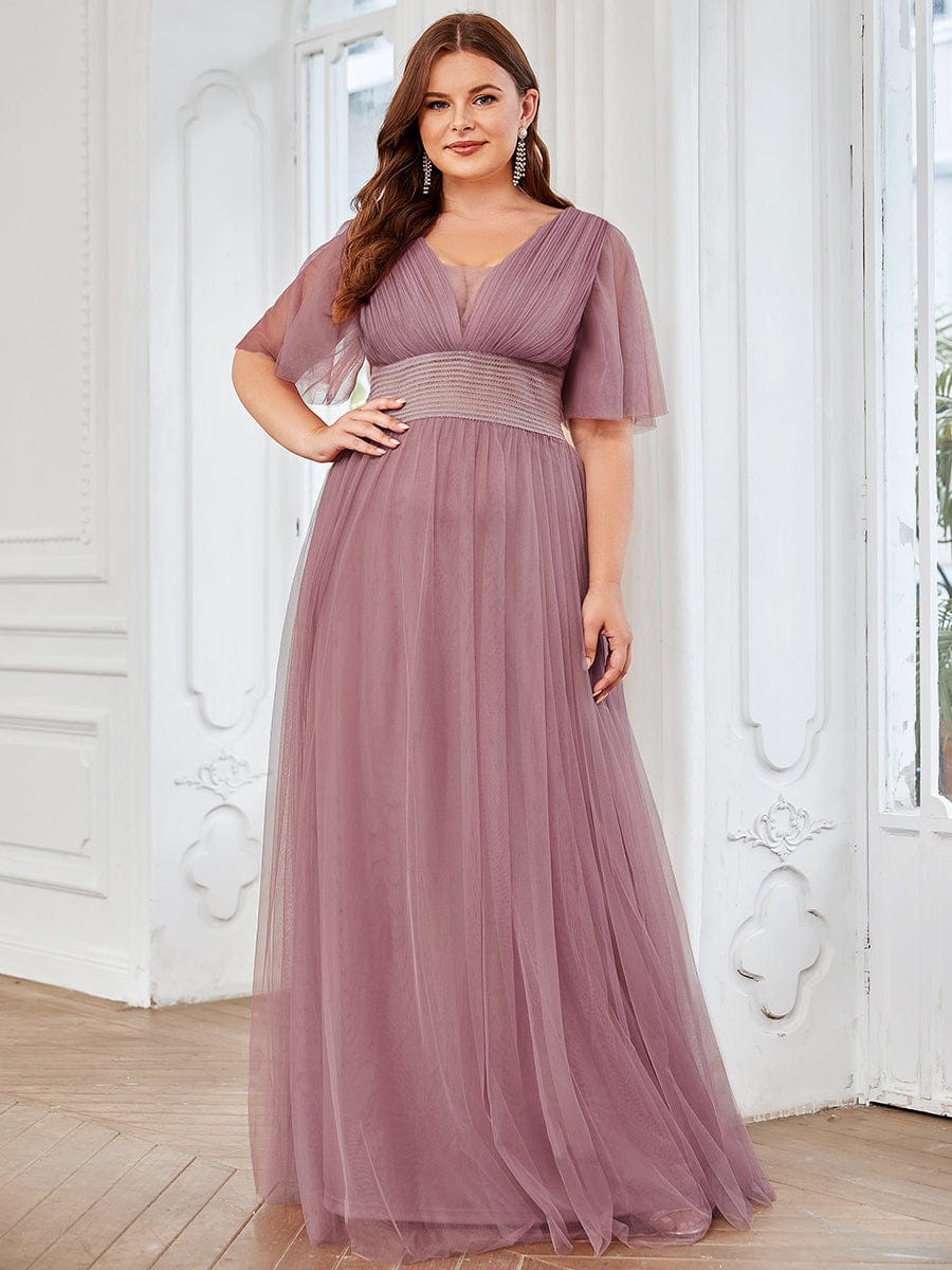 Custom Size A-Line Pleated Flutter Sleeve Tulle Maxi Bridesmaid Dress