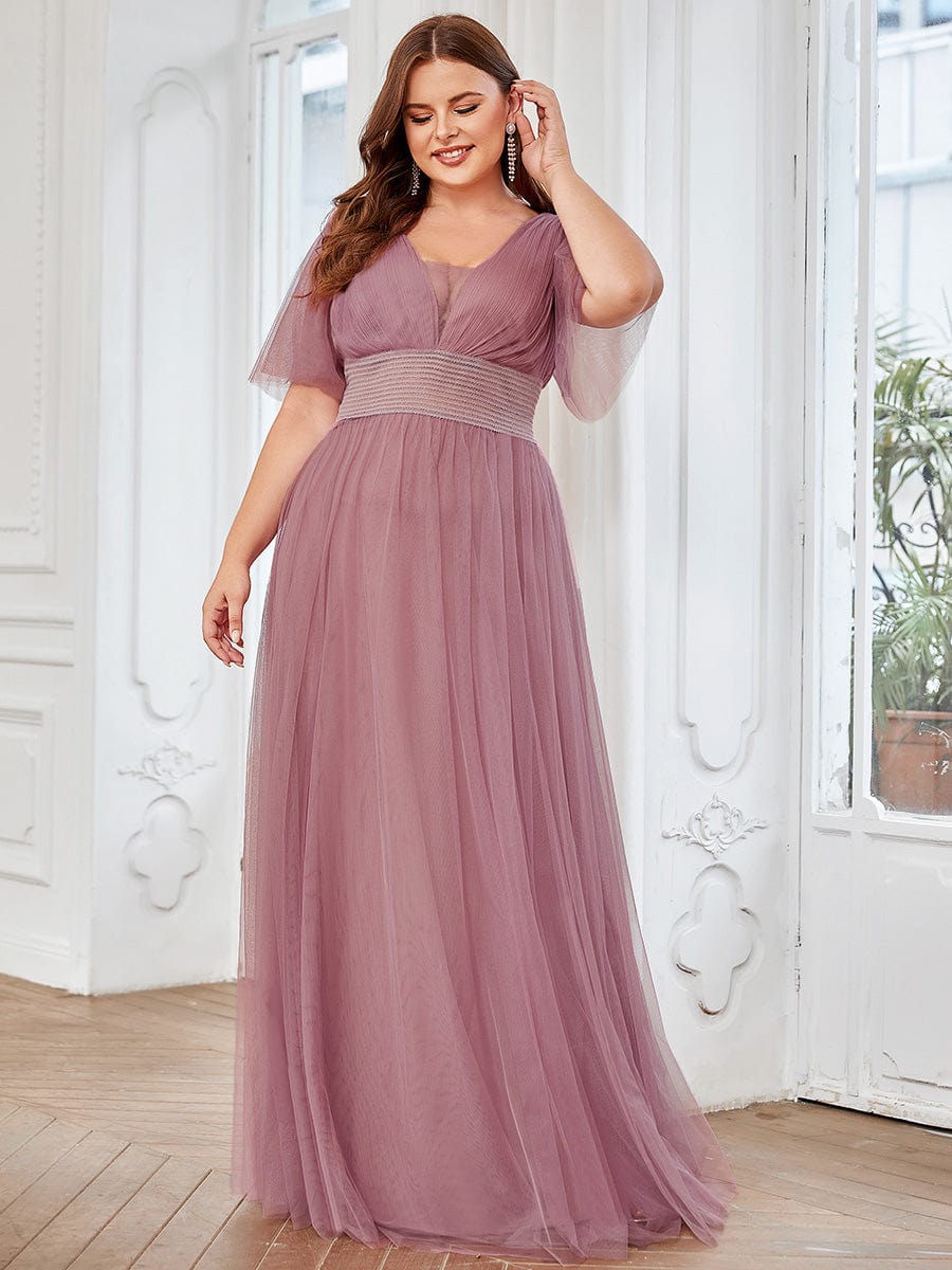 Custom Size Long A-Line Pleated Flutter Sleeve Tulle Maxi Bridesmaid Dress #color_Purple Orchid