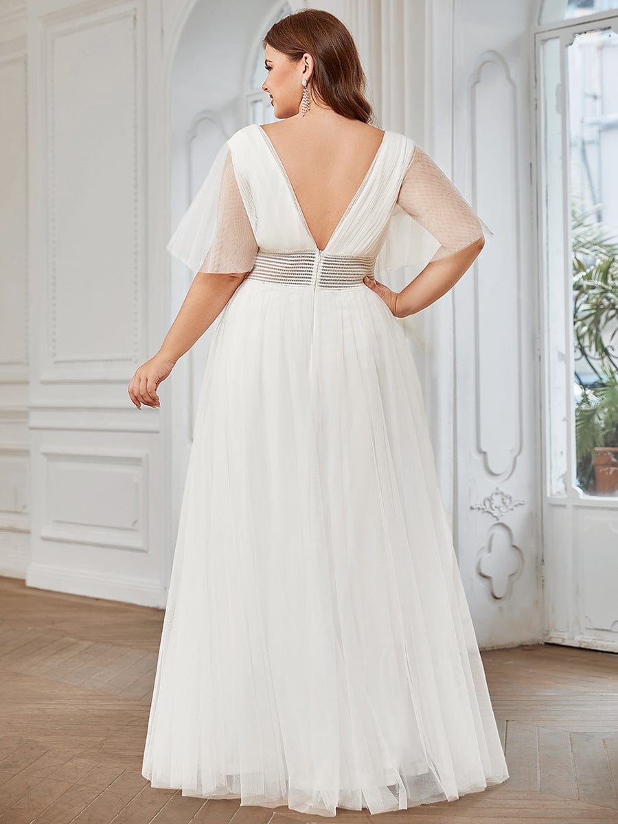 Plus Size Pleated A-Line Short Sleeve Wide Waist Tulle Bridesmaid Dress #color_White