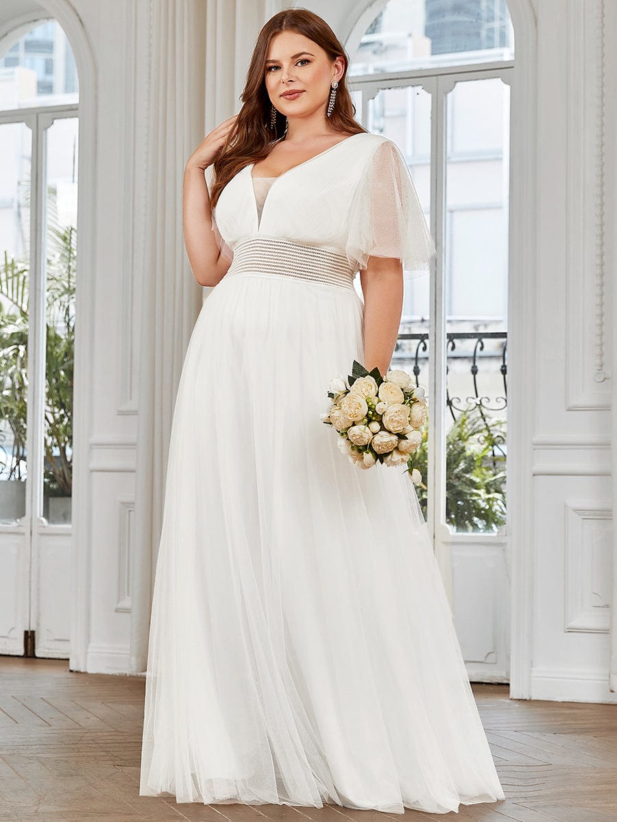 Plus Size Pleated A-Line Short Sleeve Wide Waist Tulle Bridesmaid Dress #color_White