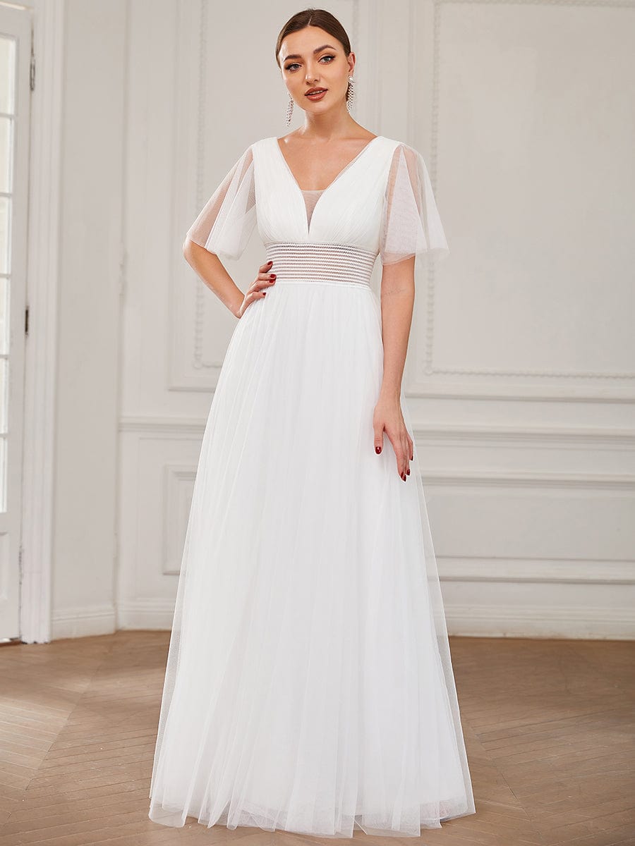 Pleated A-Line Short Sleeve Wide Waist Tulle Bridesmaid Dress #color_White