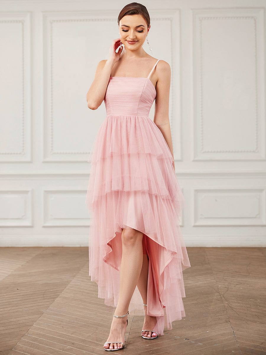 Tulle Spaghetti Strap Ruffled High-Low Bridesmaid Dress #Color_Pink
