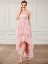 Tulle Spaghetti Strap Ruffled High-Low Bridesmaid Dress #Color_Pink