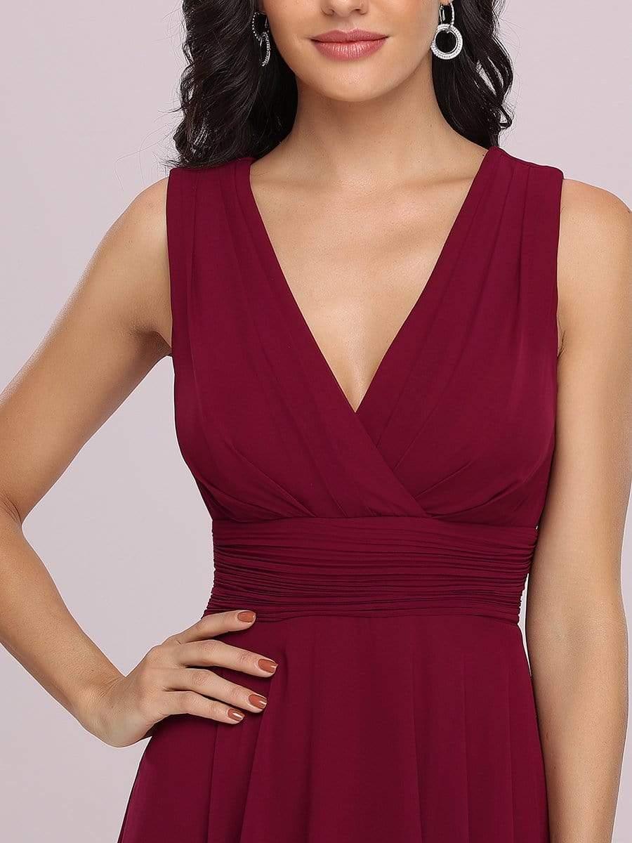 Hot V Neck Ruched Asymmetrical Hems Midi Chiffon Bridesmaid Dress #color_Burgundy