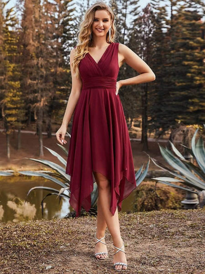 Hot V Neck Ruched Asymmetrical Hems Midi Chiffon Bridesmaid Dress #color_Burgundy