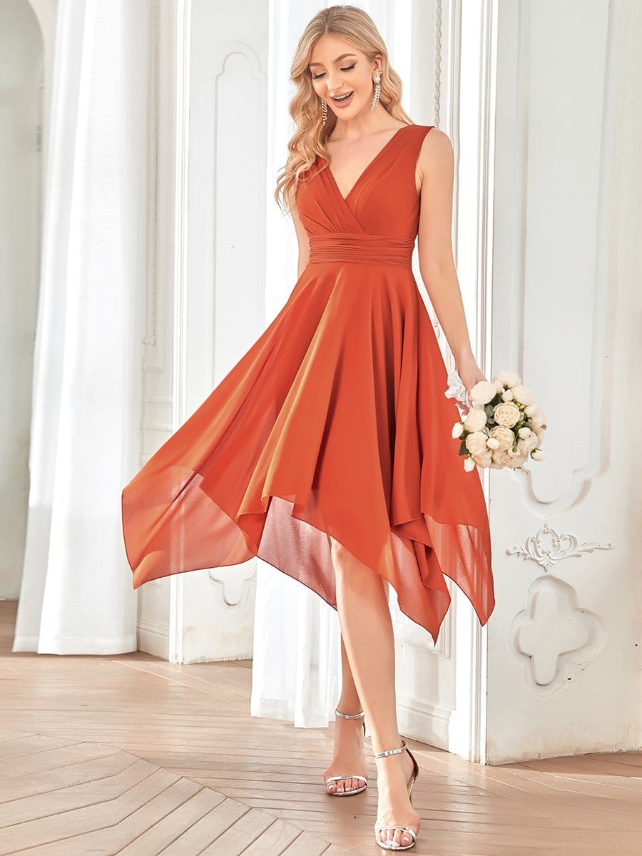 Hot V Neck Ruched Asymmetrical Hems Midi Chiffon Bridesmaid Dress #color_Burnt Orange