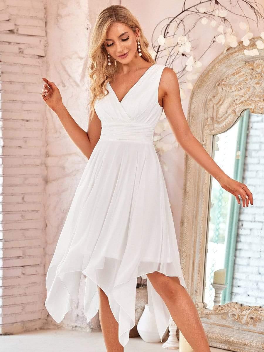 Hot V Neck Ruched Asymmetrical Hems Midi Chiffon Bridesmaid Dress #color_Cream