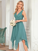 Chiffon Double V-Neck A Line Bridesmaid Dress with Asymmetrical Hem #color_Dusty Blue