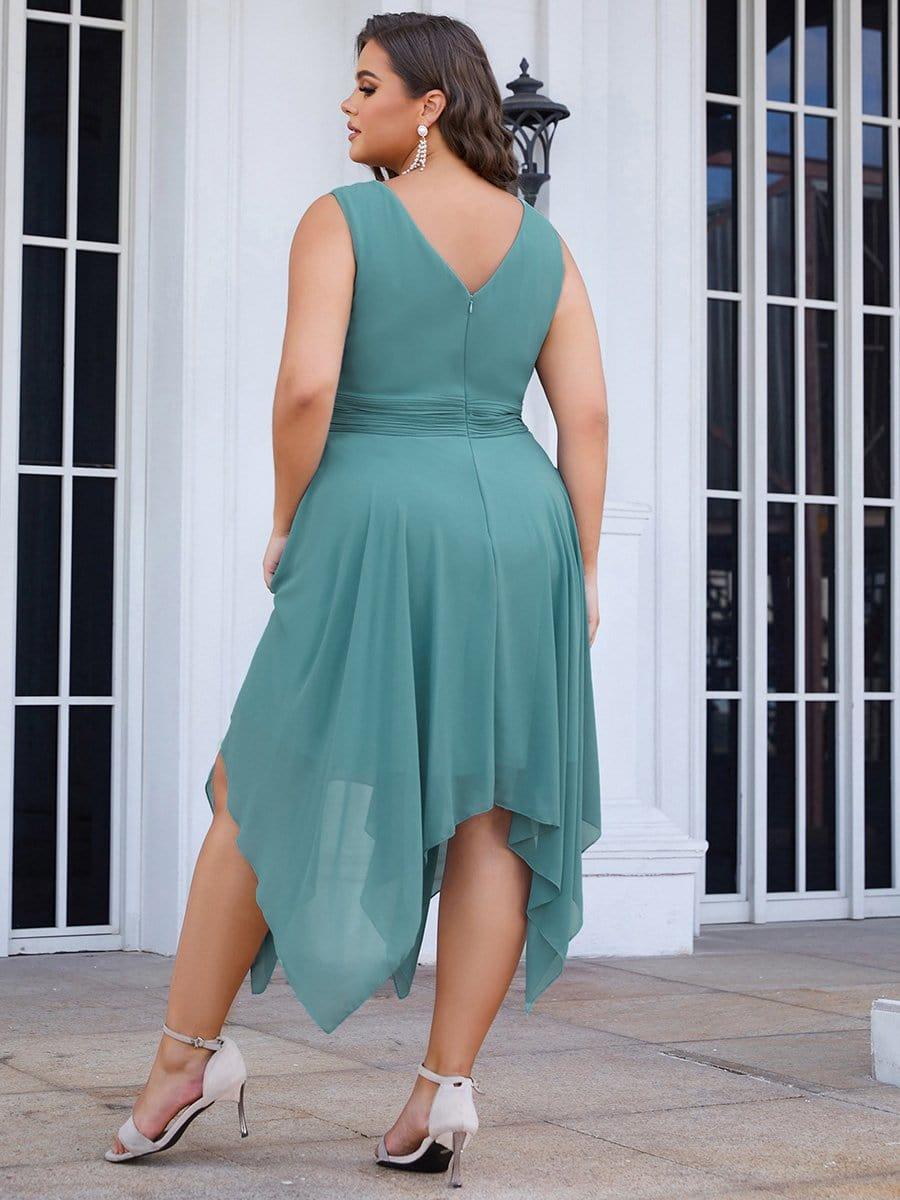 Plus Size Double V Neck Ruched-Waist Midi Chiffon Bridesmaid Dress #color_Light Teal 