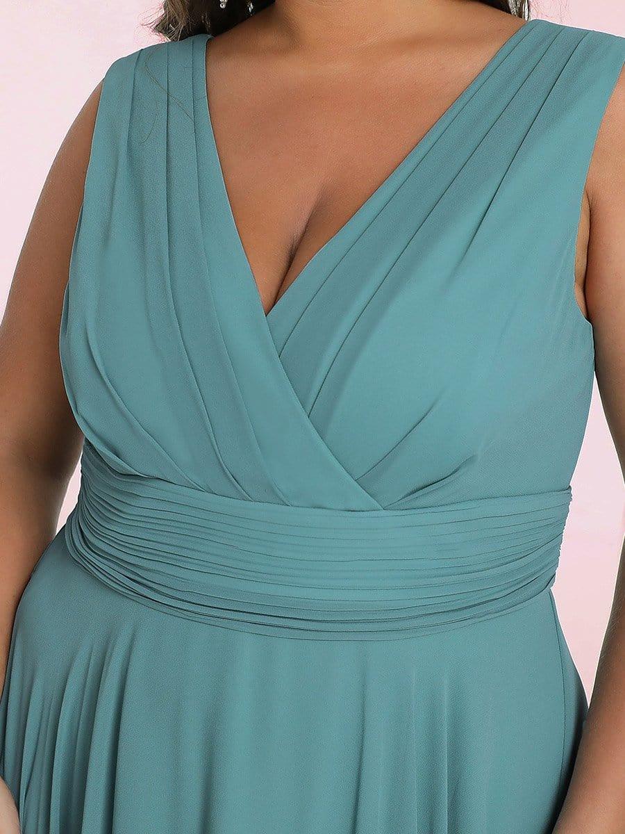 Plus Size Double V Neck Ruched-Waist Midi Chiffon Bridesmaid Dress #color_Light Teal 